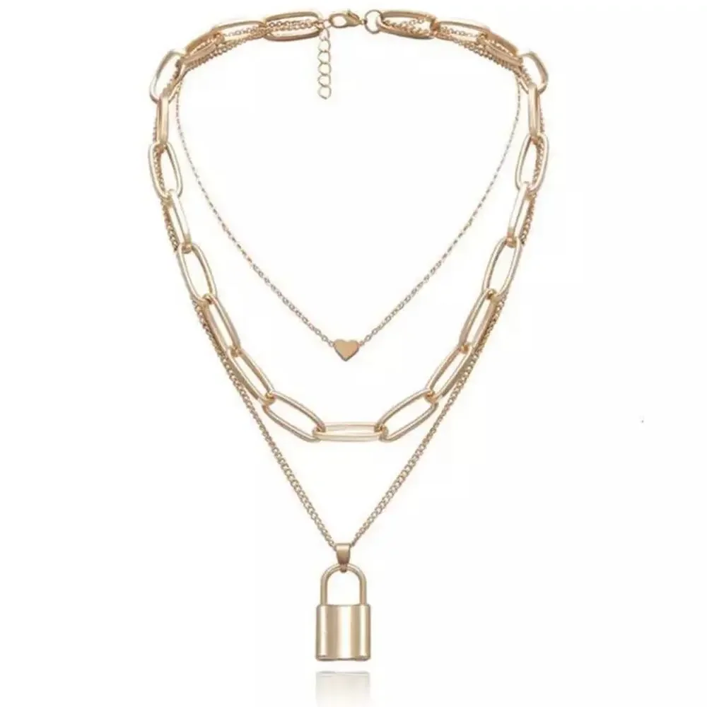NEW 18 karat yellow gold plated triple layer lock and heart necklace jewelry B21